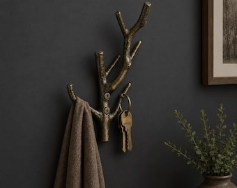 Cast Iron Twig Wall Hook, Antique Brass Branch Coat Hanger, Rustic Entryway Organizer