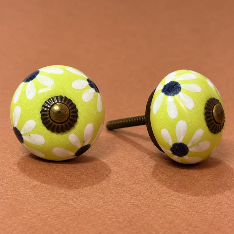 May include: Two round cabinet knobs with a bright lime green base featuring a white daisy pattern and a dark blue center. Each knob has a central bronze-toned metal rosette and a threaded metal bolt extending from the back for installation.