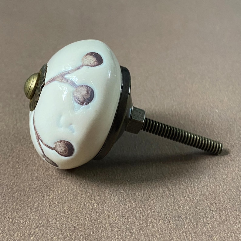 Puede incluir: Un pomo de armario de cer&aacute;mica blanca con un dise&ntilde;o floral en marr&oacute;n y rojo oscuro. El pomo tiene un acento met&aacute;lico color lat&oacute;n y una varilla roscada para la instalaci&oacute;n. El pomo tiene aproximadamente 3,8 cm de di&aacute;metro.