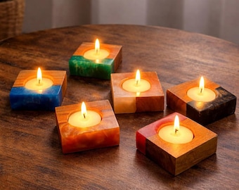 Portacandele in legno e resina fatto a mano: decorazione moderna per lo Shabbat di ispirazione ebraica.