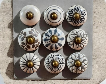 Puxadores de cerâmica artesanais para armários | Puxadores decorativos para gavetas | Ferragens em metal com acabamento em latão antigo | Puxadores para móveis |
