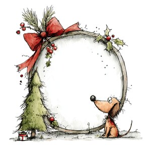May include: A circular frame illustration featuring a brown dog looking up, a green Christmas tree with a small gift, and a large red bow with holly berries and pine needles at the top. The design has a hand-drawn ink and watercolor aesthetic.
