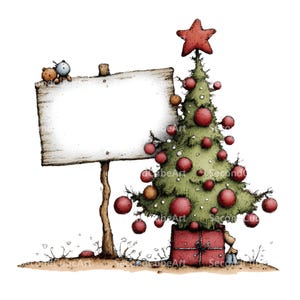 Peut inclure: Une illustration fantaisiste d'un sapin de Noël vert décoré de boules rouges et d'une étoile rouge au sommet, placé dans une boîte cadeau rouge. À côté du sapin se trouve un panneau en bois vierge sur un poteau, avec deux petits personnages.