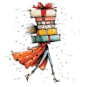 May include: A stylized ink and watercolor illustration of a figure wearing a long orange coat and blue jeans, carrying a tall stack of five colorful gift boxes topped with a large red bow, surrounded by scattered dots representing falling snow.