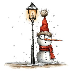 May include: A whimsical illustration of a snowman with a long orange carrot nose, wearing a red knit hat with a pom-pom and a matching red scarf, standing next to a tall black vintage-style street lamp with a glowing light during a snowfall.