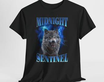Midnight Sentinel Wolf T-shirt, Gothic Wolf Graphic T-shirt, Dark Aesthetic Wolf Shirt, Night Watcher Animal Art Tee, Gothic Wolf Shirt