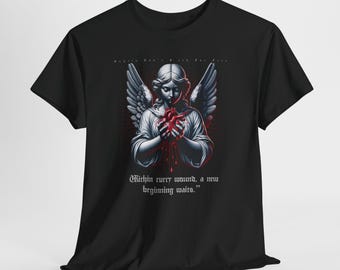 Gotisk ängel Bleeding Heart T-shirt, mörk estetisk ängeltröja, Celestial Guardian-grafiktröja, vintage grunge himmelsk streetwear