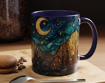 Stained Glass Moon Forest Mug, Celestial Night Coffee Cup, Mystical Moon Mug, Starry Night Art Mug, Witchy Gift