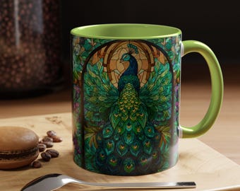 Stained Glass Peacock Mug, Green Peacock Coffee Cup, Colorful Art Mug, Elegant Bird Mug, Nature Lover Gift