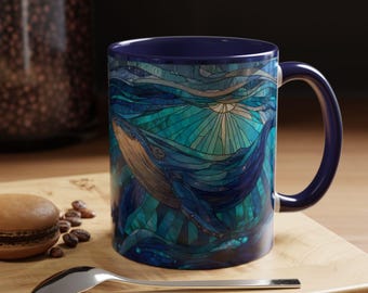 Stained Glass Whale Mug, Ocean Art Coffee Mug, Blue Whale Mug, Nautical Gift for Ocean Lovers, Unique Art Mug
