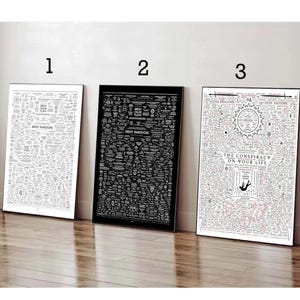 Puede incluir: Tres carteles enmarcados con intrincados diseños de texto. El primero es blanco con texto negro, el segundo es negro con texto blanco y el tercero tiene un fondo blanco con texto negro y rojo. Los carteles están apoyados contra una pared.