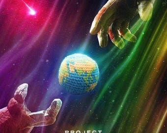 May include: Film poster for "Project Hail Mary" showing a crocheted Earth between two gloved hands against a vibrant space backdrop. Text includes "Grace, Rocky, Save Stars" and the film's title and credits.