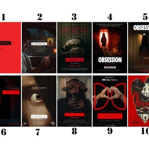 May include: A collection of ten movie posters for "Obsession". The posters feature various images, including a person in a car, a person's eye, and a person holding flowers. The word "Obsession" is prominently displayed in red.