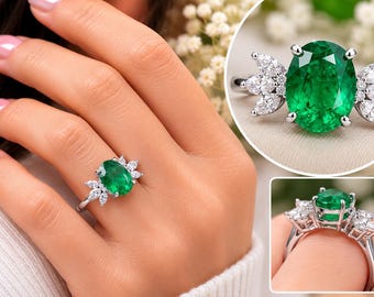 Handmade Emerald Ring, Solid Sterling Silver & Diamond Engagement Gift 3.82 gms
