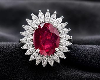 6.57 Gms Handmade Sterling Silver Natural Ruby Ring, Diamond Style Halo