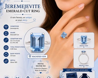 Emerald Cut Jeremejevite Ring, Handmade Sterling Silver Jewelry