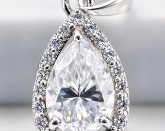 Pear Moissanite Diamond Necklace, Sterling Silver Halo Pendant Gift For Her 3 Cts