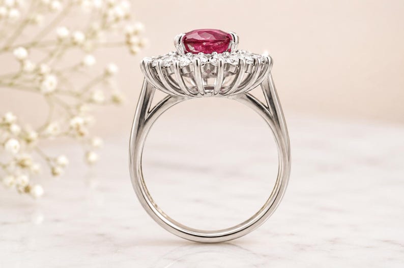 6.57 Gms Handmade Sterling Silver Natural Ruby Ring, Diamond Style Halo image 6