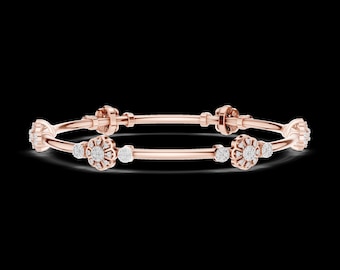 Diamond Bangle Bracelet 925 Sterling Silver Floral Round Moissanite Diamond Stackable Bangle 57mm Diameter Fine Jewelry Gift for Her 7 Gms
