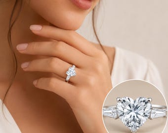 Heart Moissanite Diamond Ring Gift For Her, Baguette Accents, Sterling Silver 3.5 Ct