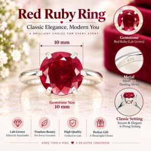 Könnte beinhalten: Ein Silberring mit einem runden, 10 mm großen, im Labor gezüchteten roten Rubin in einer Sechser-Krappenfassung. Die Ringschiene ist mit 925 Sterlingsilber gekennzeichnet. Der Text auf dem Bild enthält Red Ruby Ring und Gemstone Size 10 mm.