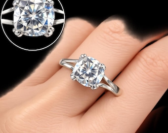 Cushion Cut Moissanite Diamond Ring, Sterling Silver Solitaire 2 Cts