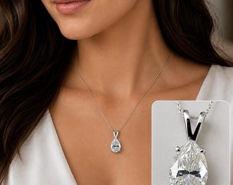2 Ct Pear Moissanite Diamond Pendant Necklace, Sterling Silver Solitaire