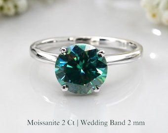 Green Moissanite Diamond Ring For Him and Her, Sterling Silver Solitaire 2 Cts