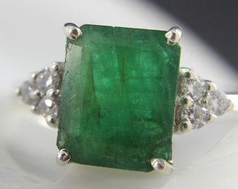 Zambian Natural Emerald Cut Sterling Silver Ring with Diamond Accents 3.50 Gms