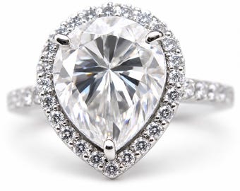 Pear Moissanite Diamond Ring Gift For Her, Sterling Silver Halo Engagement 7.5 Cts
