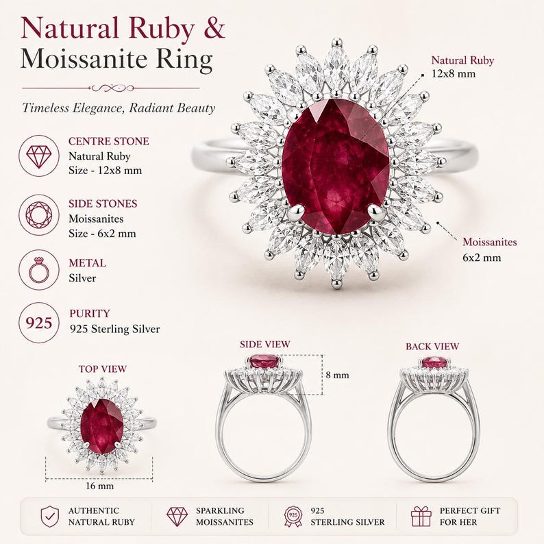 6.57 Gms Handmade Sterling Silver Natural Ruby Ring, Diamond Style Halo image 4
