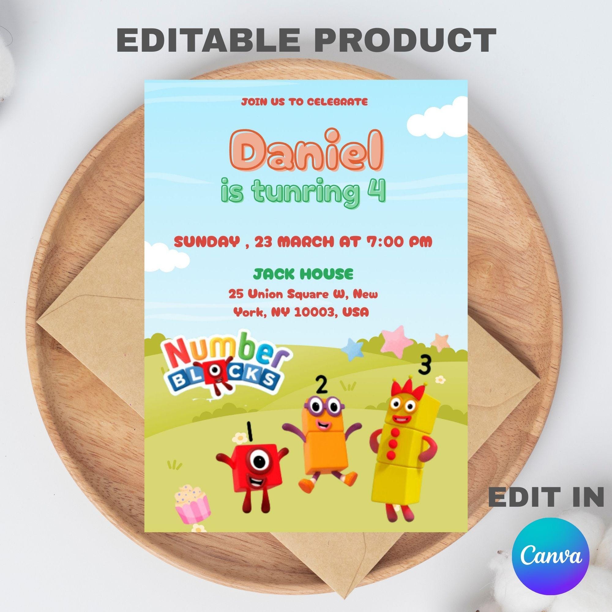Editable Number Blocks Birthday Party Card Invitation Template (5x7 ...