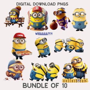May include: A digital download PNG bundle featuring 10 Minion characters in various poses. The yellow characters wear blue overalls and accessories like a baseball cap, basketball jersey, and a beanie. Text includes "DIGITAL DOWNLOAD PNGS" and "BUNDLE OF 10."