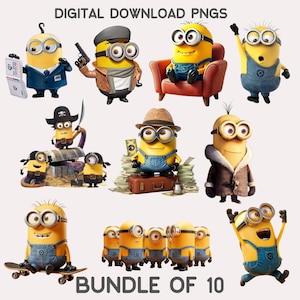 May include: A collection of ten digital PNG images featuring yellow Minion characters in various poses and outfits. Some are dressed as a pirate, a businessman, and a gangster. The text "DIGITAL DOWNLOAD PNGS" and "BUNDLE OF 10" are displayed at the top and bottom.
