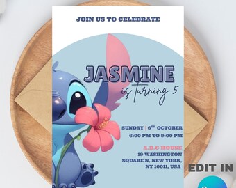 Editable Stitch Birthday Pary Invitation Template (5x7) Digital downloadable Product