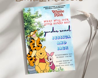 Winnie the Pooh Gender Reveal Party Invitation Template, Editable Canva Design (5x7), Digital Download.