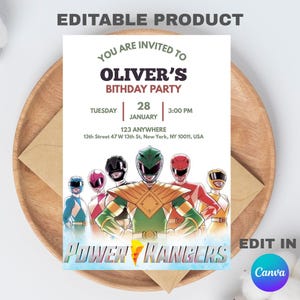 Puede incluir: Una tarjeta de invitación blanca con el texto "Estás invitado a la fiesta de cumpleaños de Oliver". La tarjeta presenta personajes de Power Rangers y detalles del evento: martes 28 de enero, 3:00 PM y una dirección. También se ven las palabras "Producto editable" y "Editar en Canva".