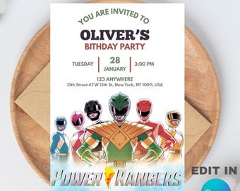 Editable Power Rangers Birthday Party Invitation Template, Editable Canva Design (5x7), Digital Download.