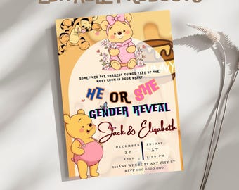 Winnie the Pooh Gender Reveal Party Invitation Template, Editable Canva Design (5X7), Digital Download.