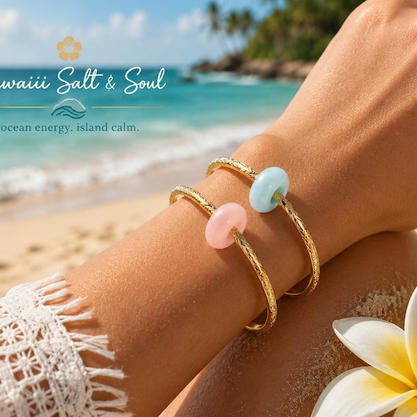 Hawaiian Floral Gold Bangle Bracelet, Aqua or Pink Glass Bead, Island Inspired Tropical Jewelry