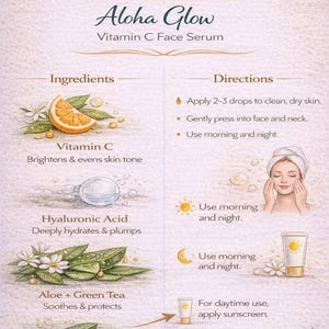 May include: An advertisement for Aloha Glow Vitamin C Face Serum. The image features an orange slice, aloe vera, and a bottle of serum. The text includes ingredients, directions, and the phrase "4 fl oz / 120 ml."