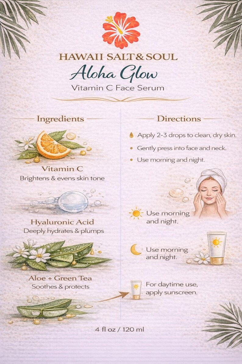 May include: An advertisement for Aloha Glow Vitamin C Face Serum. The image features an orange slice, aloe vera, and a bottle of serum. The text includes ingredients, directions, and the phrase "4 fl oz / 120 ml."