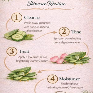 May include: An illustrated skincare routine guide with the text "HAWAII SALT & SOUL Skincare Routine." The steps include cleanse, tone, treat, and moisturize, with images of cucumber, aloe, rose, green tea, and coconut.