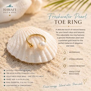May include: An adjustable gold-toned open toe ring featuring a single white freshwater pearl and a small polished gold bead at the ends. The ring has a diameter of 0.62 inches and a pearl size of 0.24 inches, presented on a white seashell.