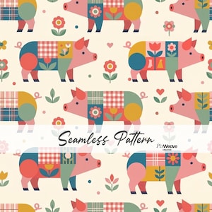 Peut inclure: Un motif répétitif composé de cochons roses stylisés avec des corps en patchwork géométrique dans des tons de bleu, rouge, jaune et vert. Le design inclut des petites fleurs, des cœurs et des points sur fond crème. Texte Seamless Pattern PixWeave.