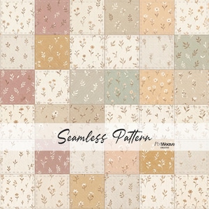 Puede incluir: Un diseño de patrón sin costuras con un mosaico de cuadrados en tonos pastel, incluyendo rosa, amarillo y verde. Cada cuadrado está adornado con delicados motivos florales y de hojas. El texto "Seamless Pattern" se muestra.