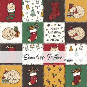 Pode incluir: Um padrão contínuo com uma grade de ilustrações temáticas de Natal, incluindo gatos em meias, gatos dormindo com presentes, bengalas doces, azevinho e árvores de Natal. Um quadrado contém o texto Merry Christmas Meow com pegadas.