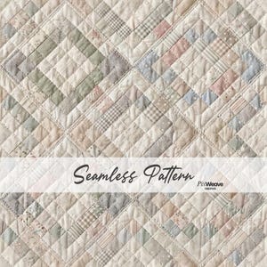 May include: A seamless quilt pattern featuring a patchwork design with various fabric textures and colors. The quilt has a diamond pattern with squares and rectangles in shades of beige, pink, green, and gray. The text "Seamless Pattern" is displayed.