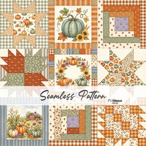 Könnte beinhalten: Ein digitales nahtloses Muster mit einem Raster aus neun Quadraten mit herbstlichen Motiven, darunter Kürbisse, Sonnenblumen, Mais, eine rote Scheune und Karostoffe. Der Text Seamless Pattern und PixWeave Creative ist mittig platziert.