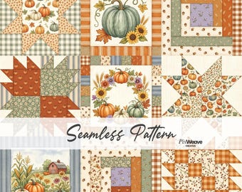 Autumn Quilt Patchwork Seamless Pattern, Pumpkin Cottagecore Fabric, Vintage Farmhouse Quilt Blocks Digital Paper